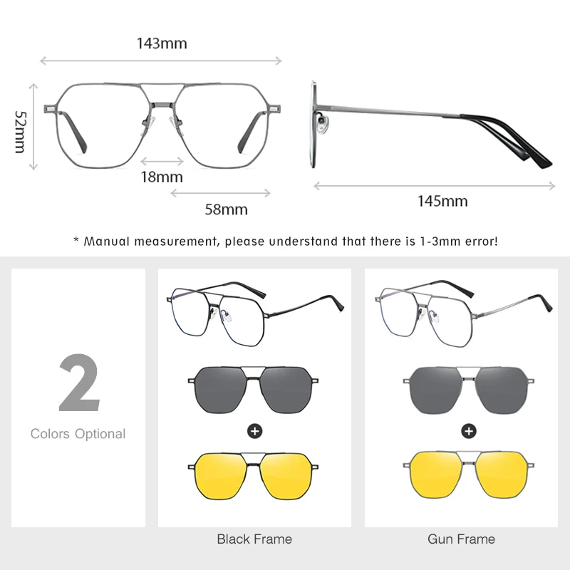 نظارات بمشبك مغناطيسي مستقطبة LM للرجال والنساء ، نظارات مضادة للضوء الأزرق ، نظارات رؤية ليلية ، تصميم علامة تجارية عالية ، 3 في 1 ، مسدس