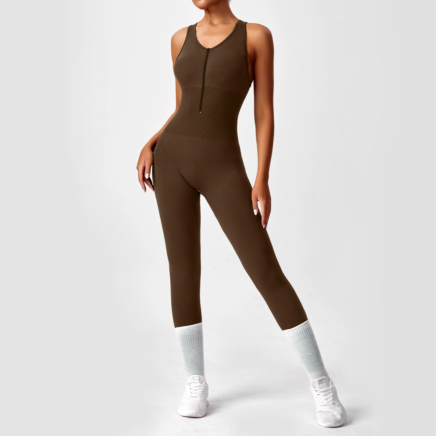 Butt Lifting Capri Yoga Jumpsuit for Women Seamless Front Zipper Hollow Back Athletic Gym Workout One Piece Rompe