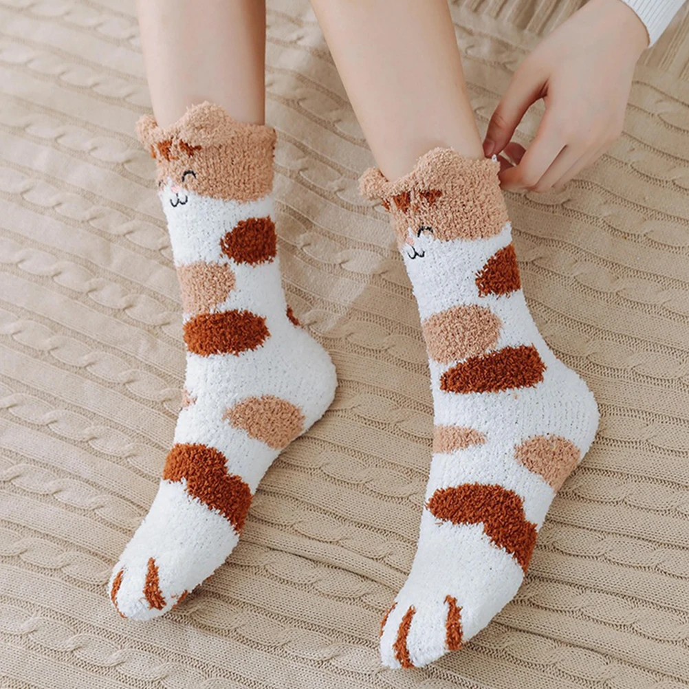 

Coral Fleece Women Warm Winter Slippers Home Sleeping Khaki Coral Fleece Socks Soft Elastic Breathable Long Wear Sock