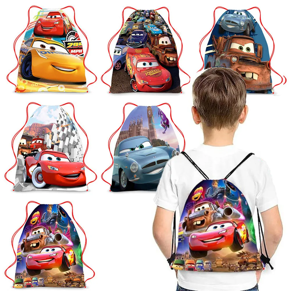 Anime Disney Cars Drawstring Backpack Bag Cartoon Lightning McQueen Portable Storage Bag Kawaii Doc Hudson Drawstring Bag Gifts