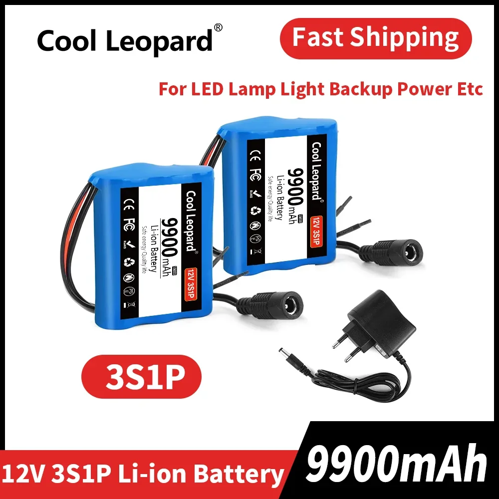 

New 3S1P Protection Plate 12V 9.9Ah Battery Pack 12V 9900mAh 18650 Lithium ion DC 12.6V Super Rechargeable Battery + Charger