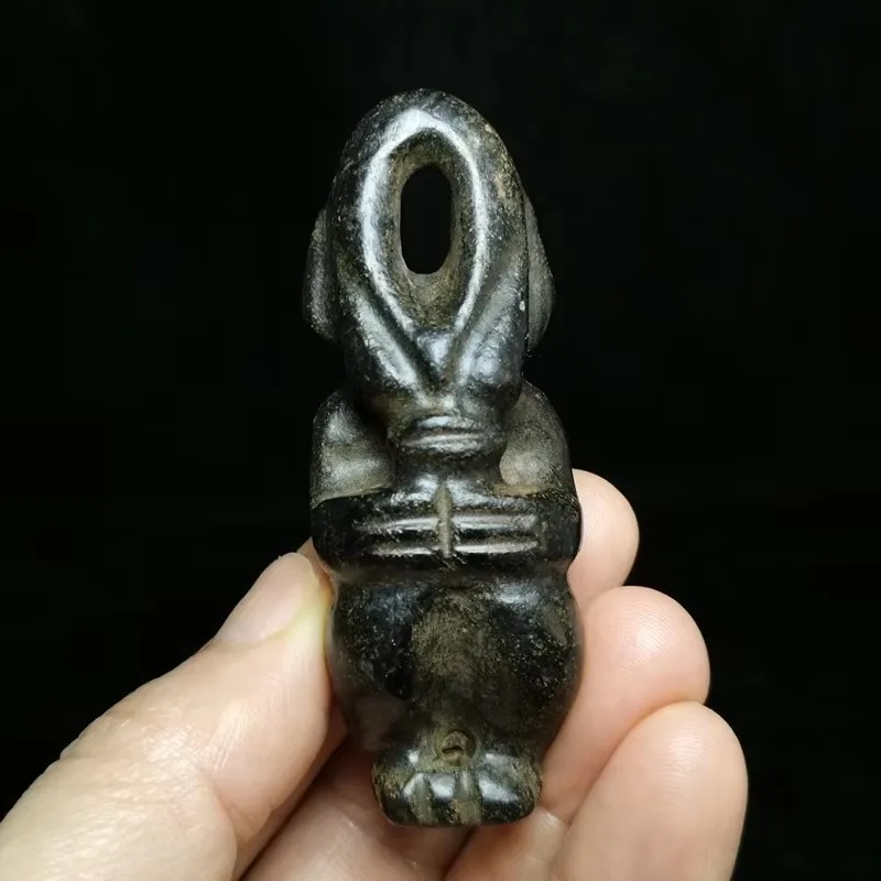 3 Inch Chinese HongShan culture Meteorite Jade carved Apollo person Statue Pendant Gift Collection