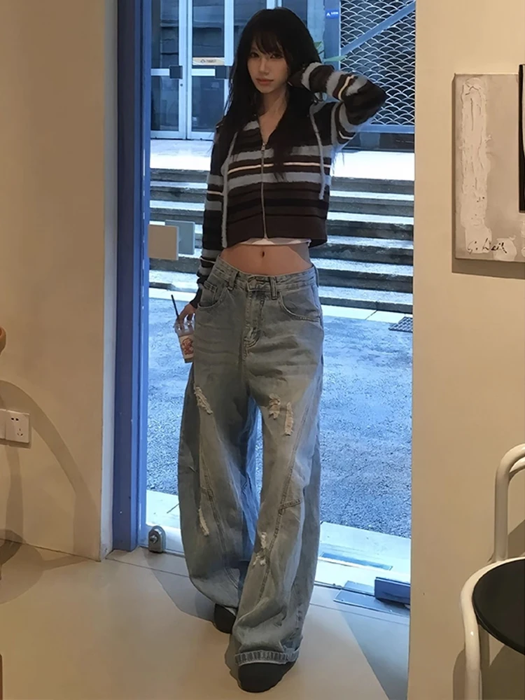 

Torn Blade Jeans Men's Loose Straight Leg Casual Trousers Blue Denim mid Waist Zipper Closure Wear Resistant Autumn Season