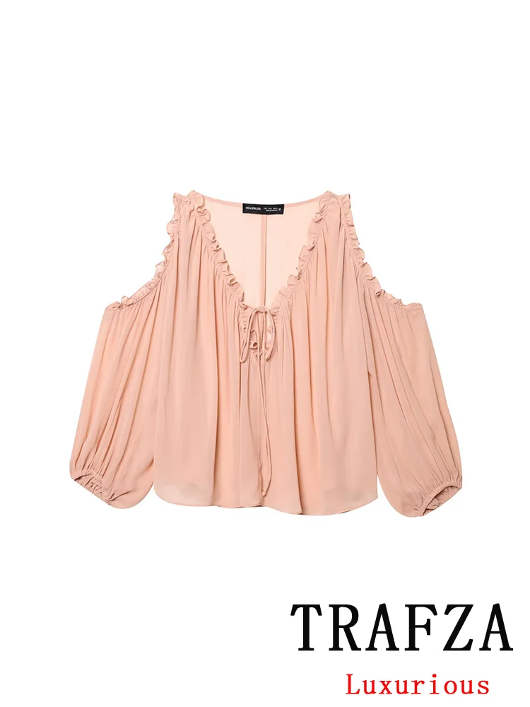 

TRAFZA Casual Chic Women Blouse Pink Bow Lace-up Off Shoulder Long Sleeve V-Neck Shirts New Fashion 2025 Spring Summer Blouses