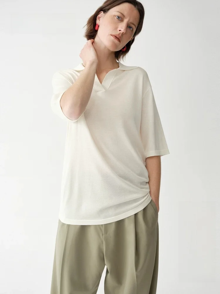 

Edition Women's Knitted Silk Shirt American Casual Style Summer New Arrival Five-Quarter Sleeve Regular Length