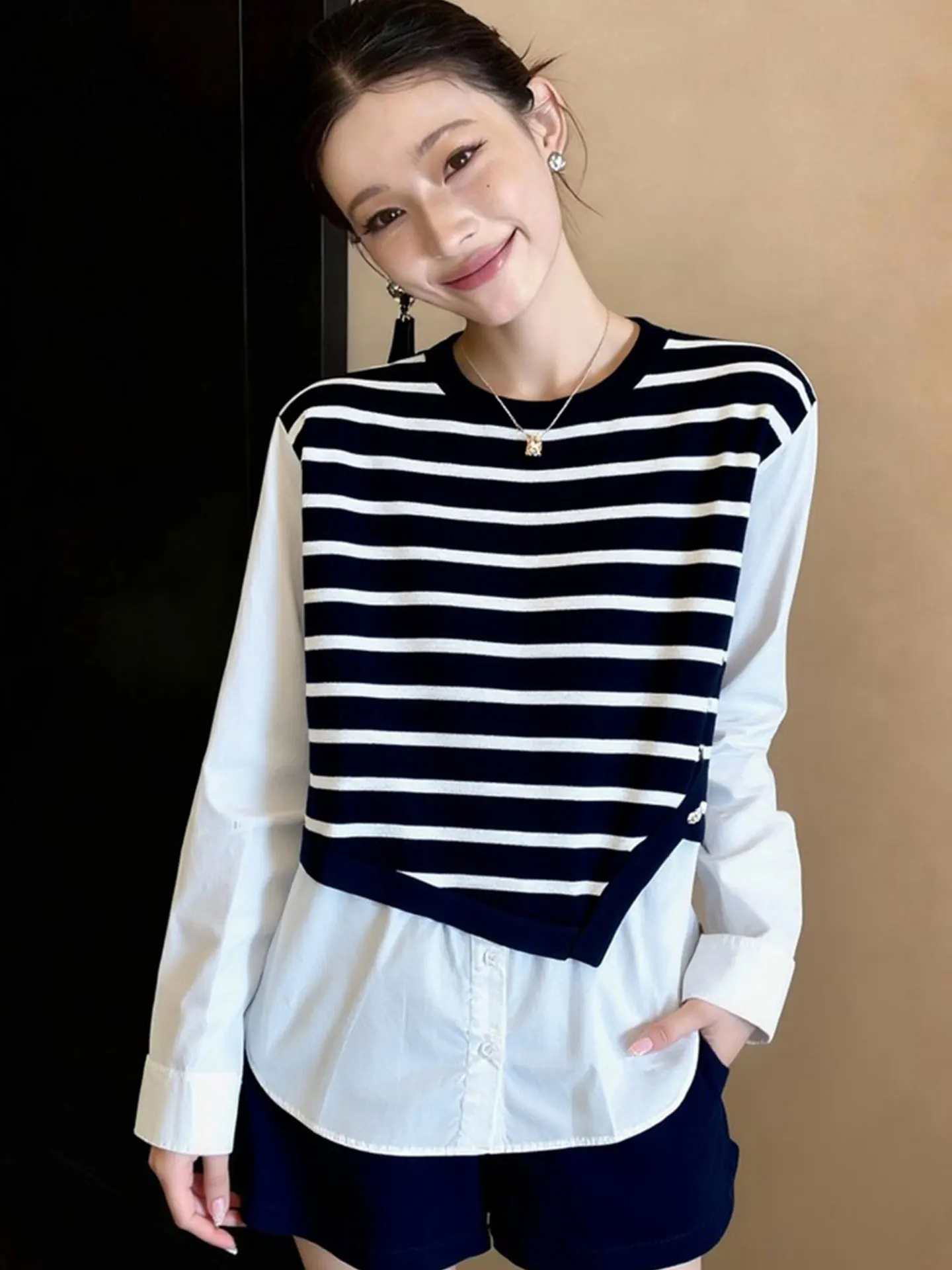 

Ele Korean Design Striped Patchwork Long Sve irt Women's Faion Trend Spring High-End European Brand Silk Top