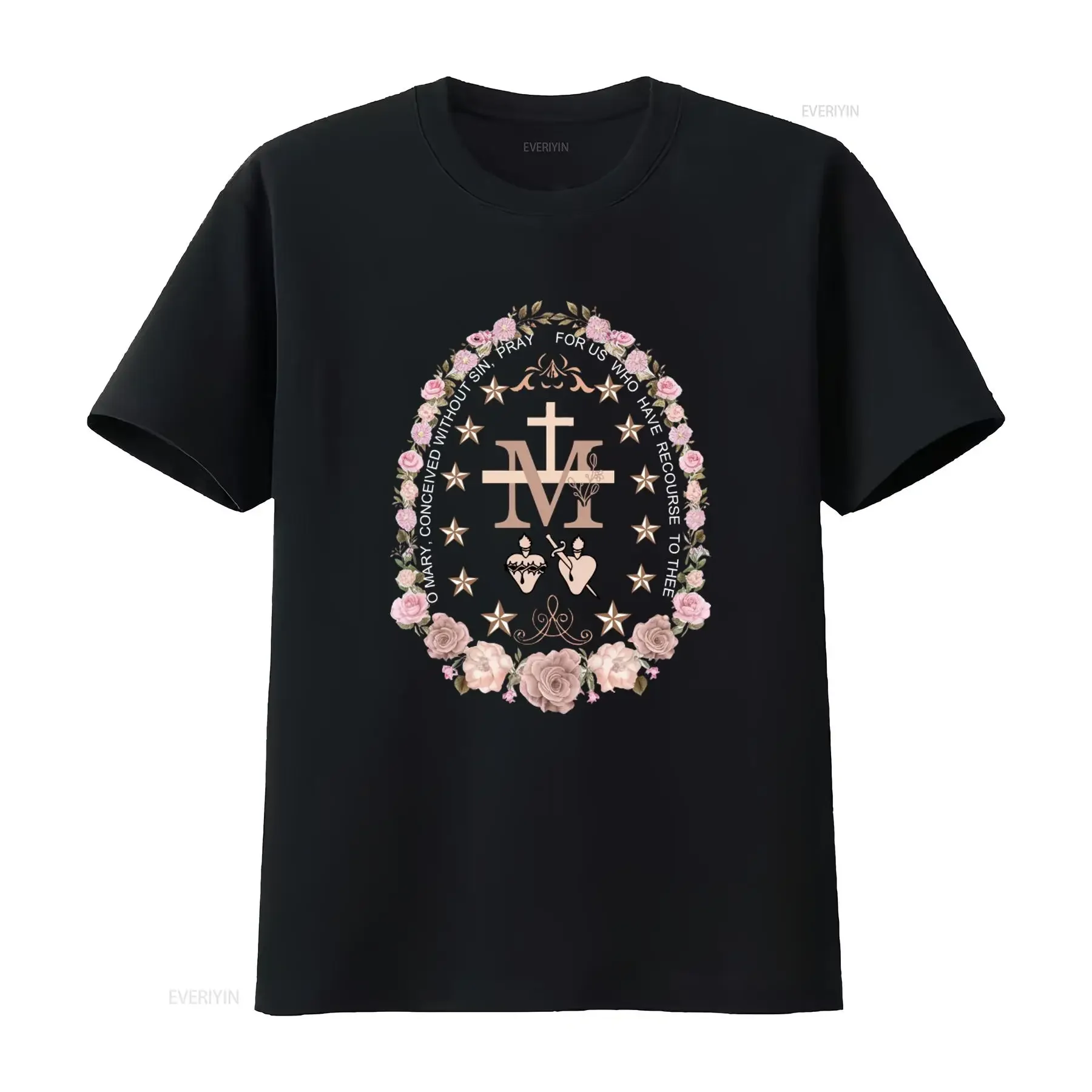 Marian Catholic T Shirt Virgin Mary s for Women Cross Floral Religious Pray Without Sin Us who Have Recourse to Thee vintage