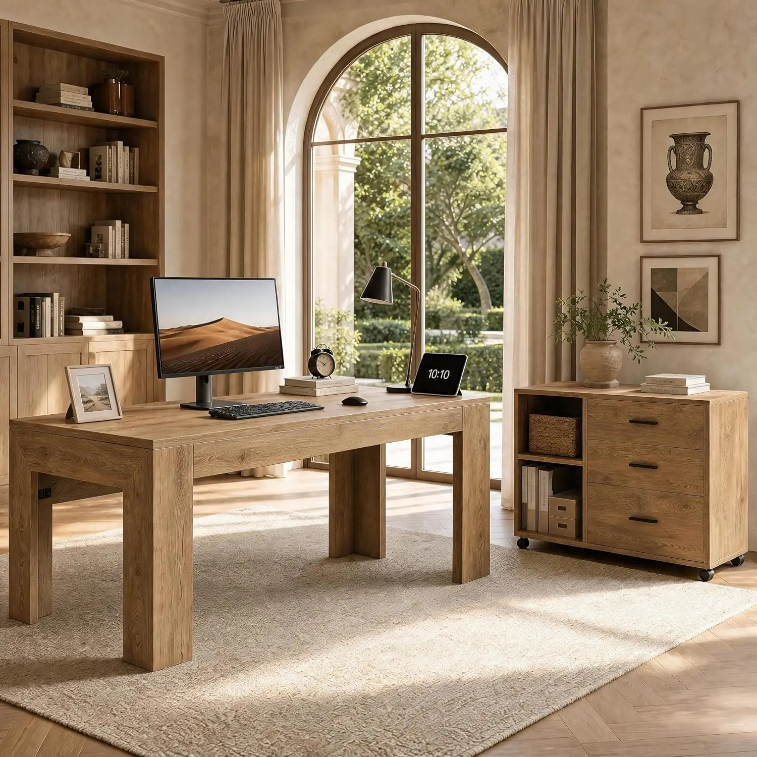 L Shaped Desk with Drawers & Rolling Cabinet, Large Wooden Computer Desk with Front Baffle for Home Office, 70.9