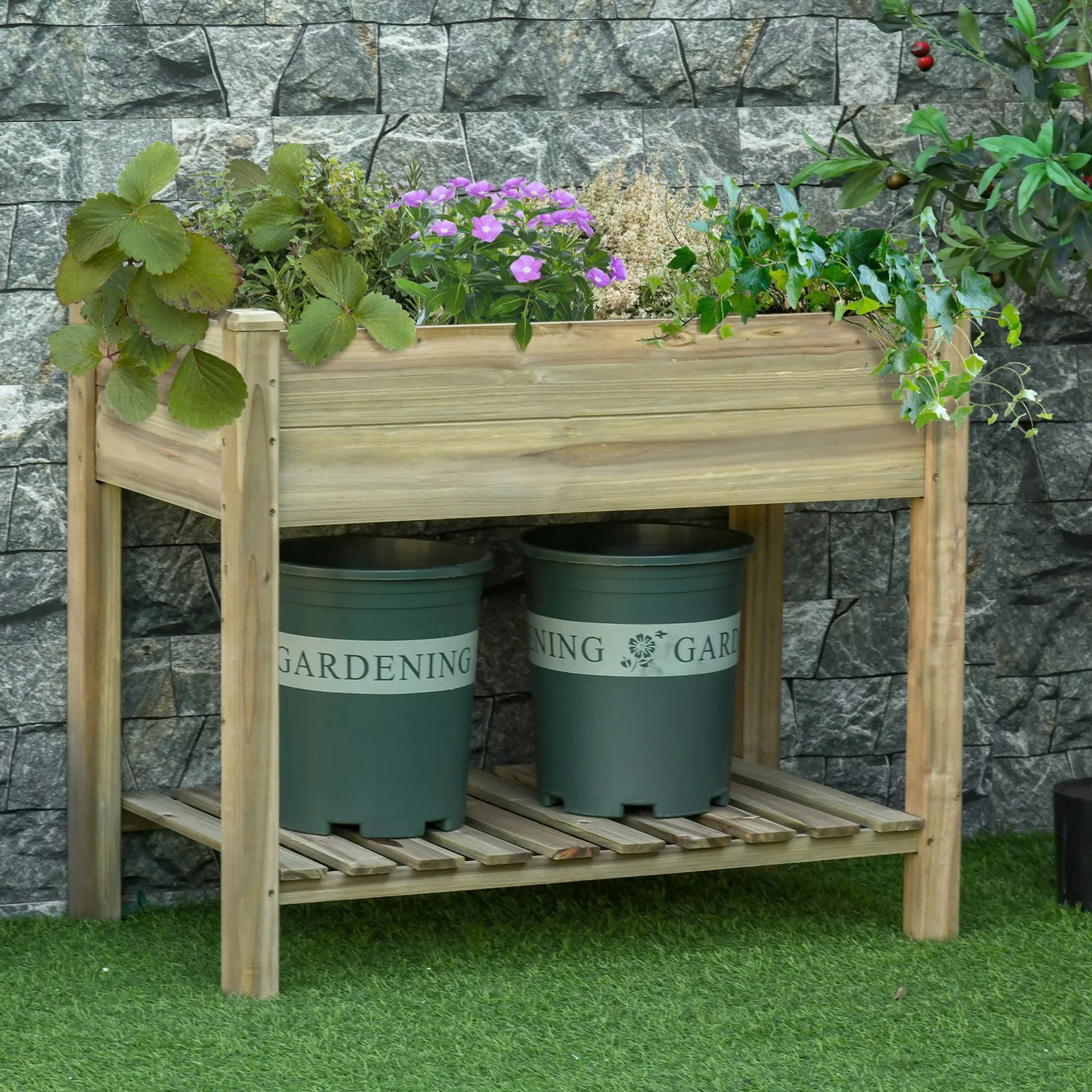 Raised Garden Bed Elevated Wooden Planter Box with Legs and Storage Shelf