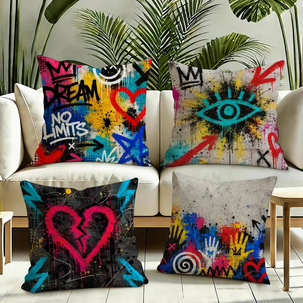 Urban Graffiti Dream Cushion Cover Silky Short Plush Invisible Zipper Dustproof Sofa Pillow Case for Home Decor