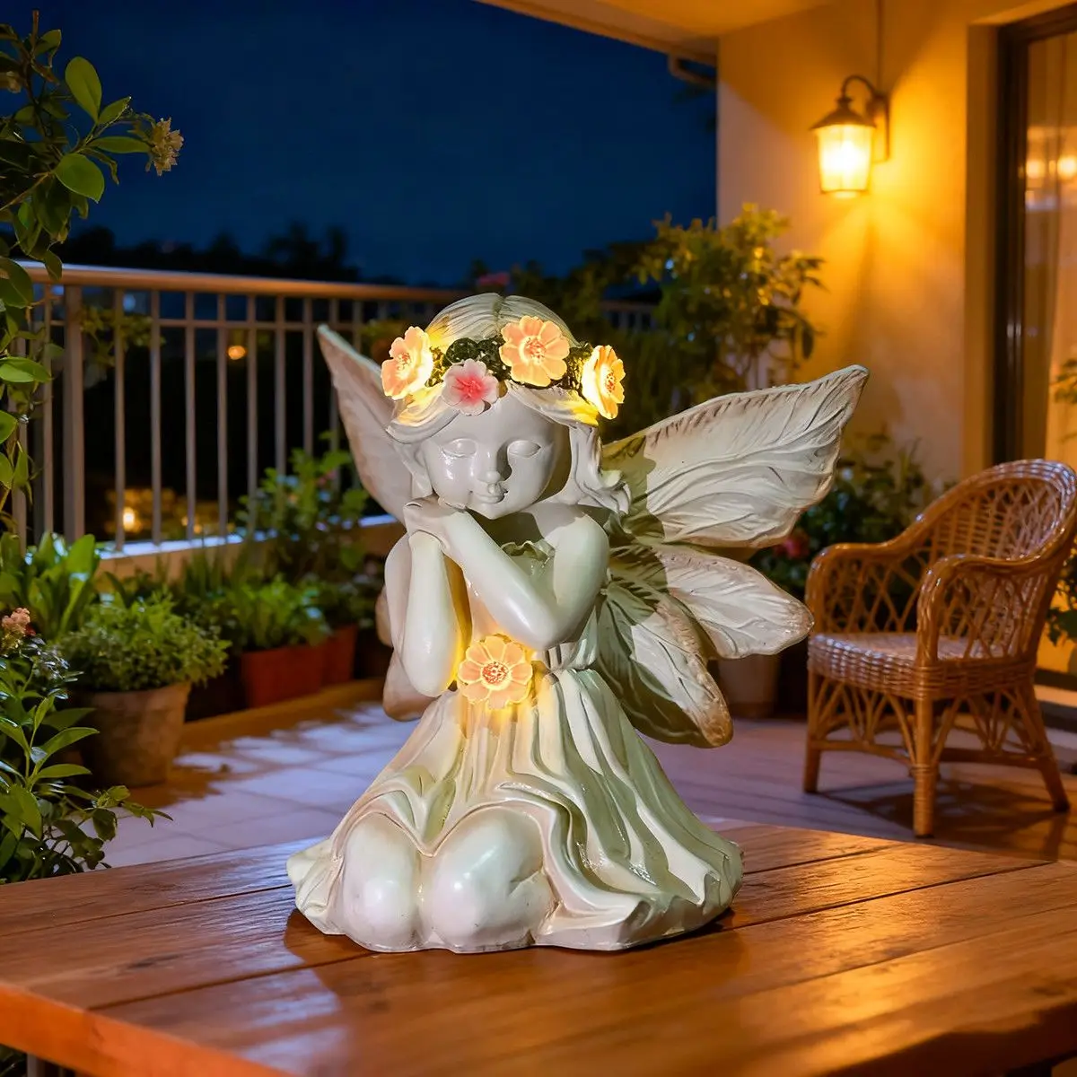 

Solar Garden Fairy Statue with Flower Crown Outdoor Decor Angel Figurine Resin Sculpture Patio Yard Lawn Ornament Christmas Gift