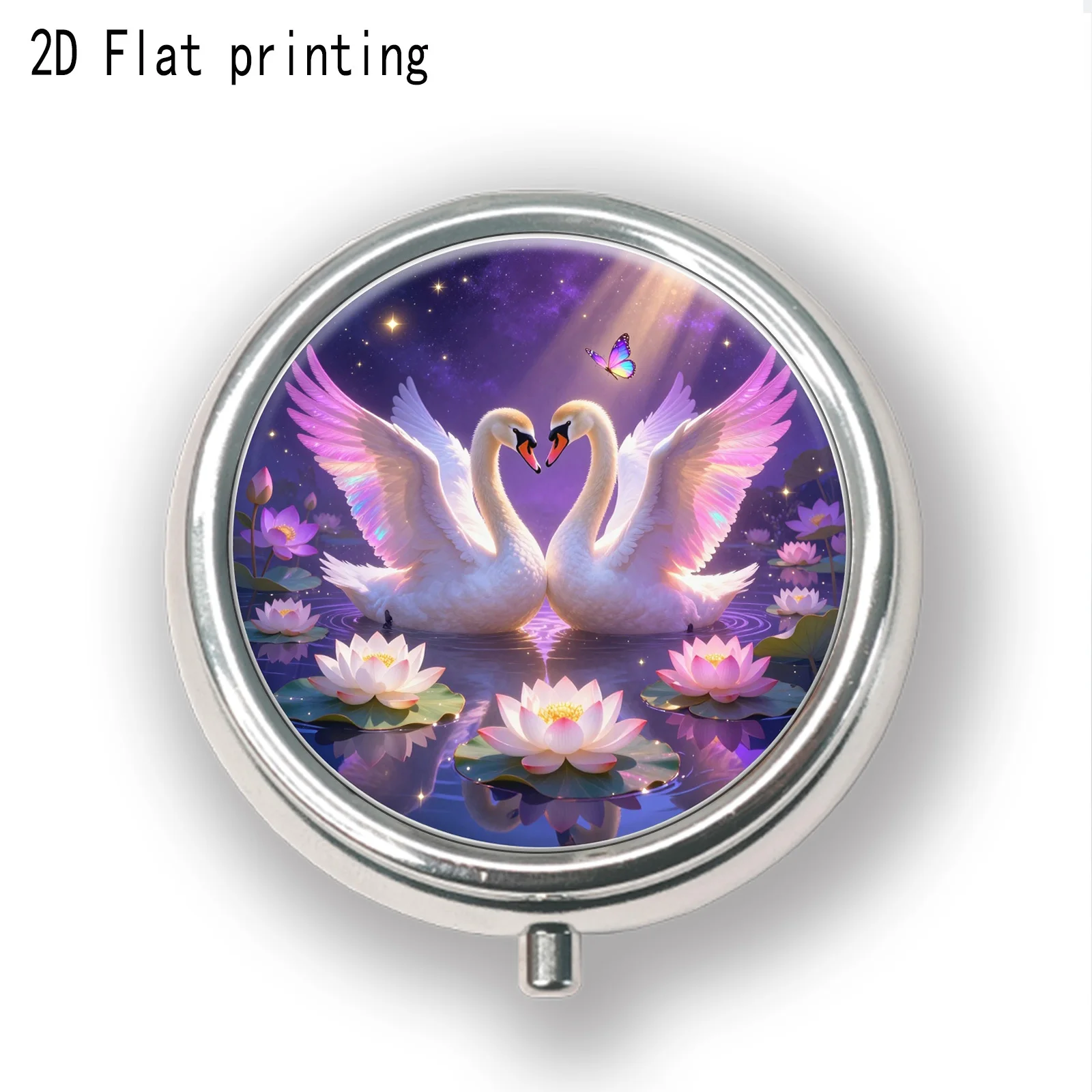 Single pack, flat print, romantic and natural style, featuring intertwined swans and flowers, round portable three-compartment box, sealed and moisture-proof, suitable for storing vitamin tablets, a must-have for couples