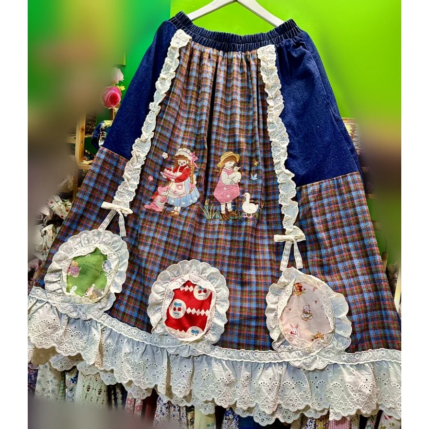 

Autumn Fleece Patchwork Denim Cotton Plaid Lace Long Skirt 2025 Winter Female Sweet Lolita Kawaii Cute Vintage Korean Midi Skirt