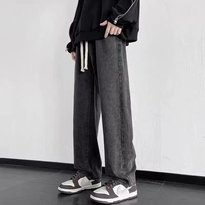 

Уличная одежда, свободные джинсы, мужские модные свободные прямые широкие брюки в корейском стиле, мужская брендовая одежда, черный, светло-синий, серый