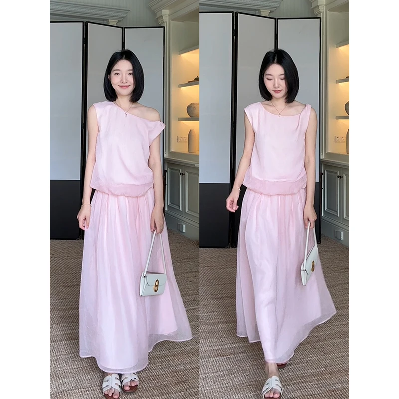 

G99 Soft Fairy Aosphere Asymmetrical Knot Top Summer Versatile Transparent Folded f Skirt Ele Faion Set Polyester ...