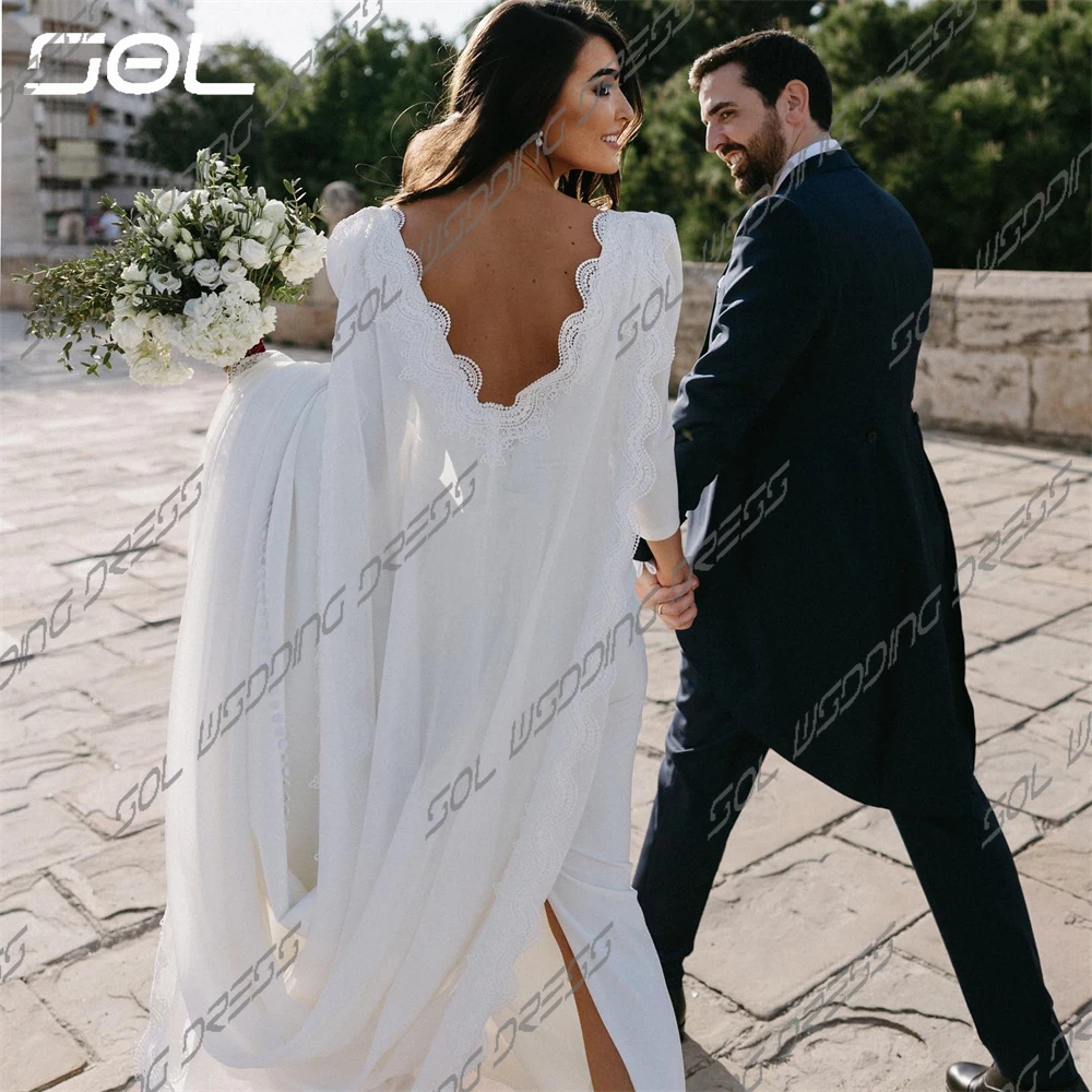 SOL semplici abiti da sposa con colletto quadrato a maniche lunghe con scialle staccabile eleganti abiti da sposa senza schienale Vestidos De Novia