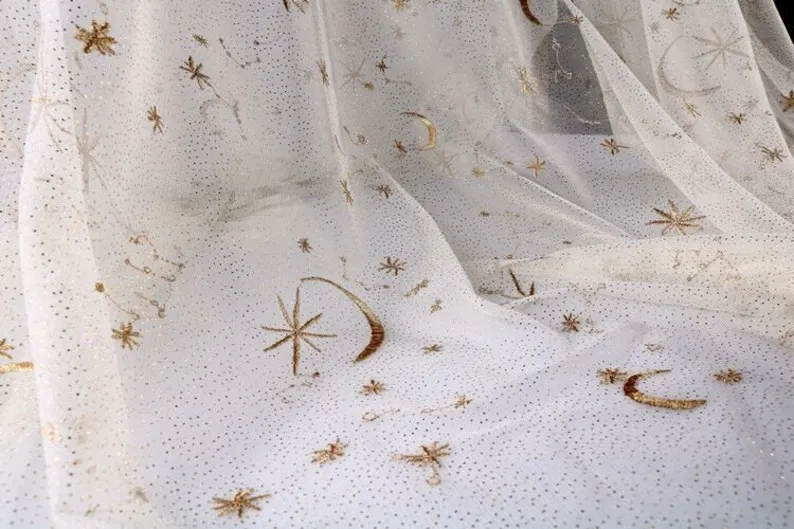 4 colors Gold Star Moon Embroidery Lace Fabric Gold Glitter dot Floral Tulle For Girl Dress, Top Blouse,  , Wedding Background