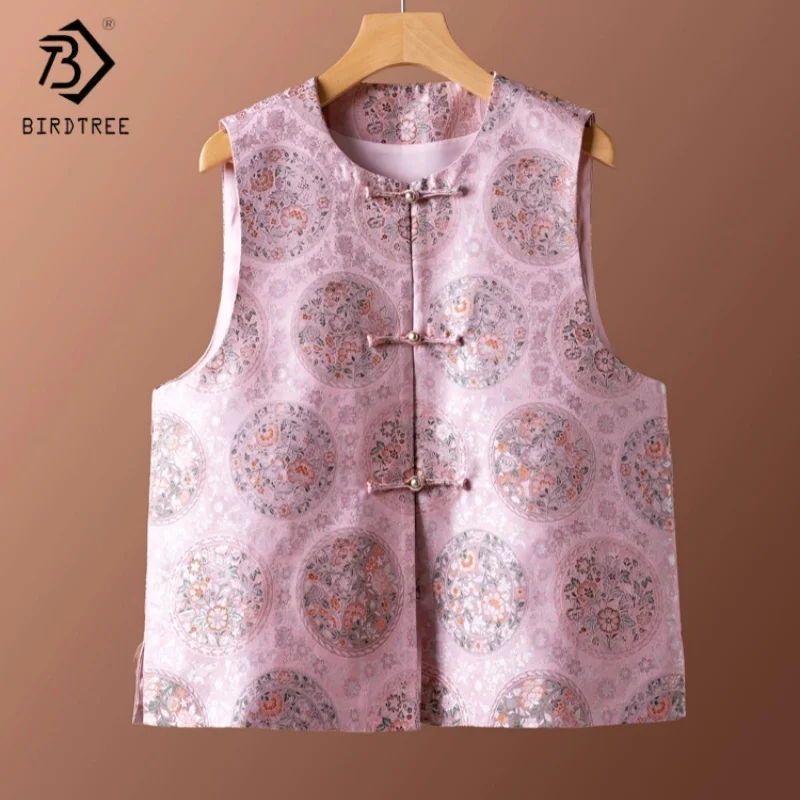

Birdtree,100% Silk Waistcoat,Women's Song Brocade O-neck Tops,Single Breasted,Chinese-style,2025 Autumn Vest T5N709JF