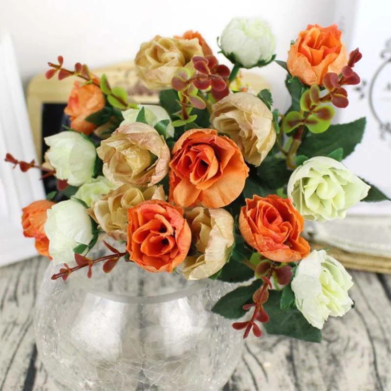 Simulation Flower 21 Head Rose Bunch Fake Flower Orange Silk Bouquet Artificial Flower Bride Wedding Home Festival Decoration