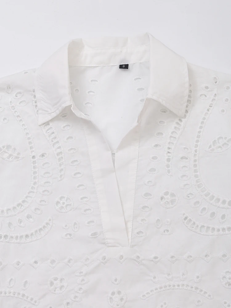 KAOPU ZA Women cutwork embroidery shirt vintage lapel-neck quarter sleeve scalloped hem female blouses blusas chic tops