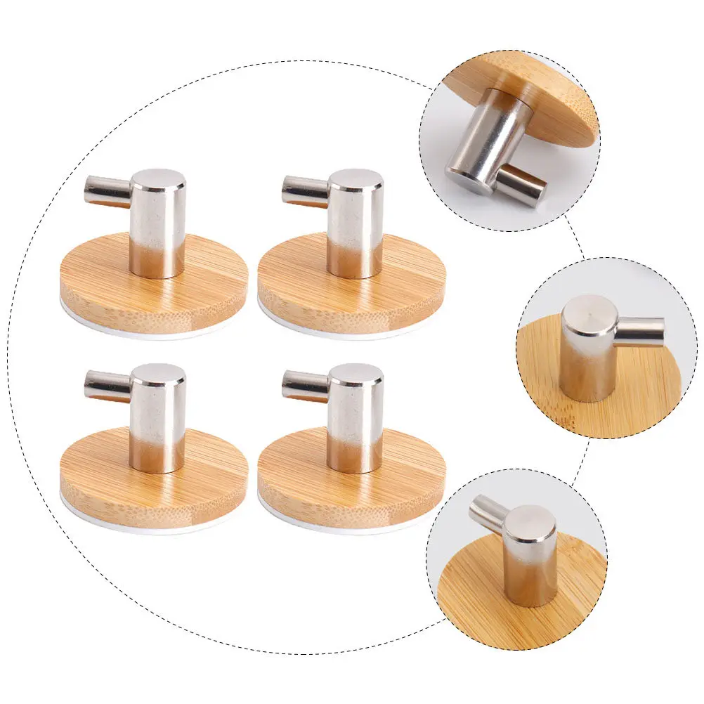 4Pcs Modern Wall Hooks Stainless Steel Bamboo Anti Rust Adhesive Towel Hooks for Kitchen Bathroom Bedroom Space Saving Hanger