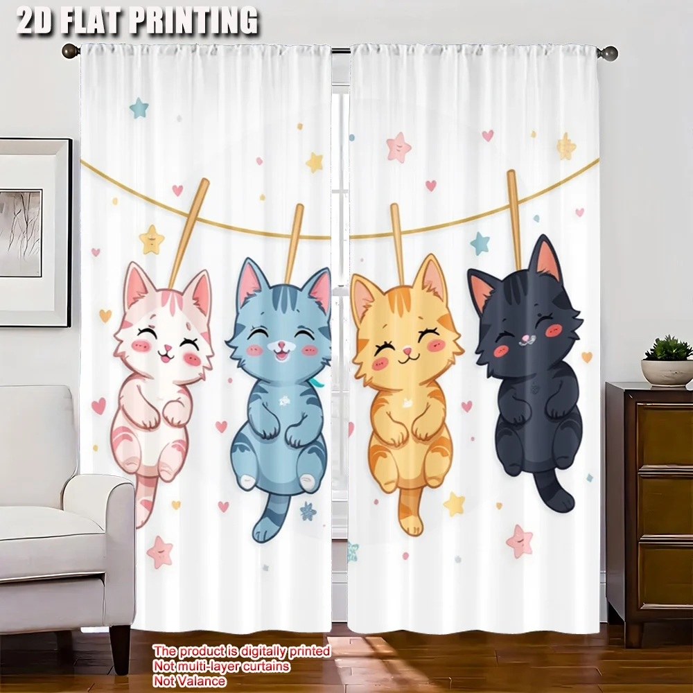 2pcs 2D flat printing Curtain Cute Hanging Cats Versatile Fabric Without Electricity Family Party Decoration Perfect for Bedroom