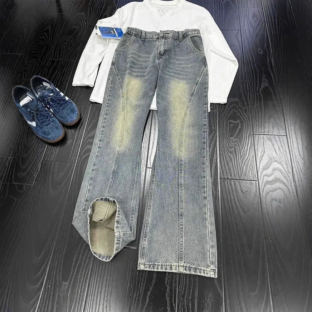 

Осенние мужские джинсы с наклонным вырезом в стиле ретро, облегающие брюки и прямые брюки длиной до ног, чистый крой и слегка расклешенные брюки