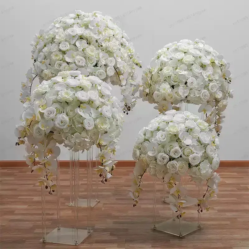 80/70/60/40cm White Large Flower Ball Artificial Table Centerpiece for Event Wedding Decor Road Lead Floral Arrangement Bouquet