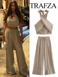 TRAFZA Summer New Fashion Women Chic 2 Piece Suit Sexy Backless Sleeveless Strapless Sexy Strap Tops+Casual Loose Wide Leg Pants