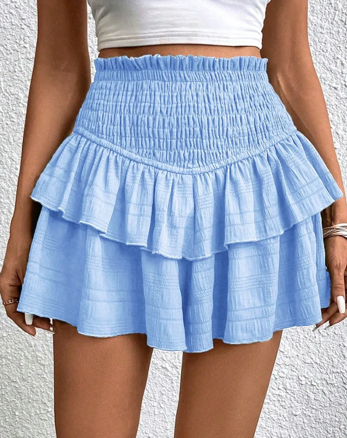 High Waisted Pleated Shirt Shorts Summer Solid Color Cute Girlish Style Layered Black Fungus Edge Elastic Waist Slim Fit Shorts