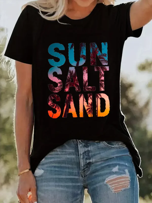 Sun Salt Sand Slogan Women Summer Casual T-shirt Sunset Beach Bottom Printing Female Shirt New Individuality Fashion Girl Tee