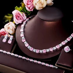 CWWZircons Real Cubic Zirconia Paved Square Pink Necklace Luxury 4pcs Bridal Wedding Banquet Dress Jewelry Sets for Women T664