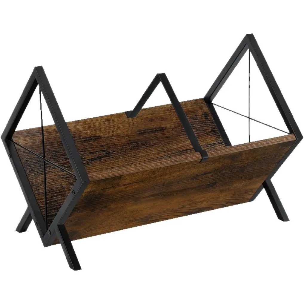 Solid Wood Retro Vinyl Record Storage Rack, Iron Wood Combined with Office Desktop Large-capacity Magazine Rack