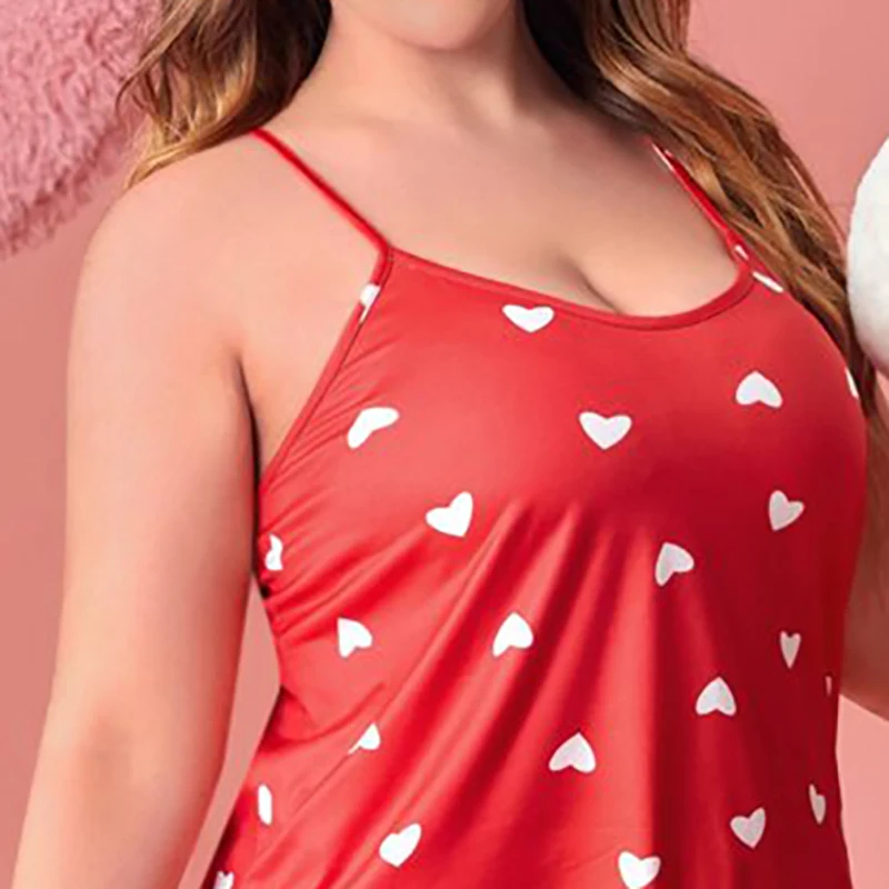 Plus-Size XL-5XL Women Pajama Set Nightgowns Cami Shorts Nightclothes  Sleeveless Nightwear Red Love Print Soft Sleepwear Summer