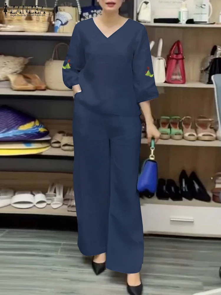 ZANZEA-trajes de pantalones de otoño para mujer, conjuntos holgados a juego con cuello en V, blusa bordada de manga 3/4, pantalones, trajes de 2 uds, chándal informal