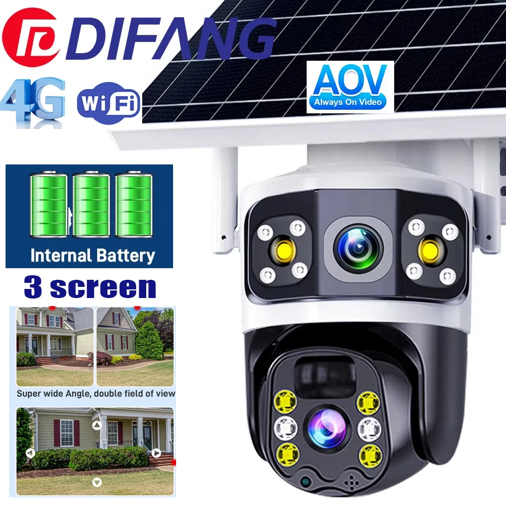 

8K 15MP AOV Solar Camera 4G Sim Card Wireless Solar Cam Outdoor Three Screen IP Cam 24/7 Record CCTV Battery Video Surveillance