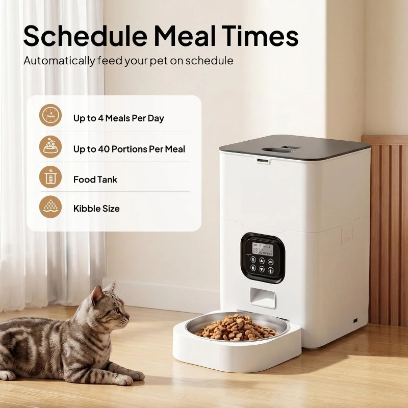 Automatic Timed Pet Dry Food Feeder Custom Portion 4 Meals A Day Desiccant Bag & 10s Voice Recording for Cats Dogs