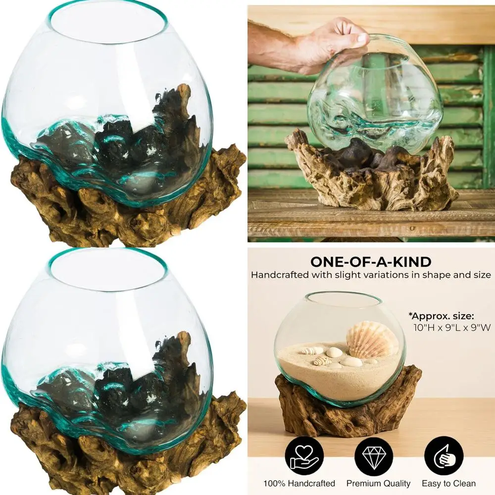 

10 Blue Tinted Bubble Glass Terrarium on Teak Stand | Indoor Decor Planter for Succulents and Plants