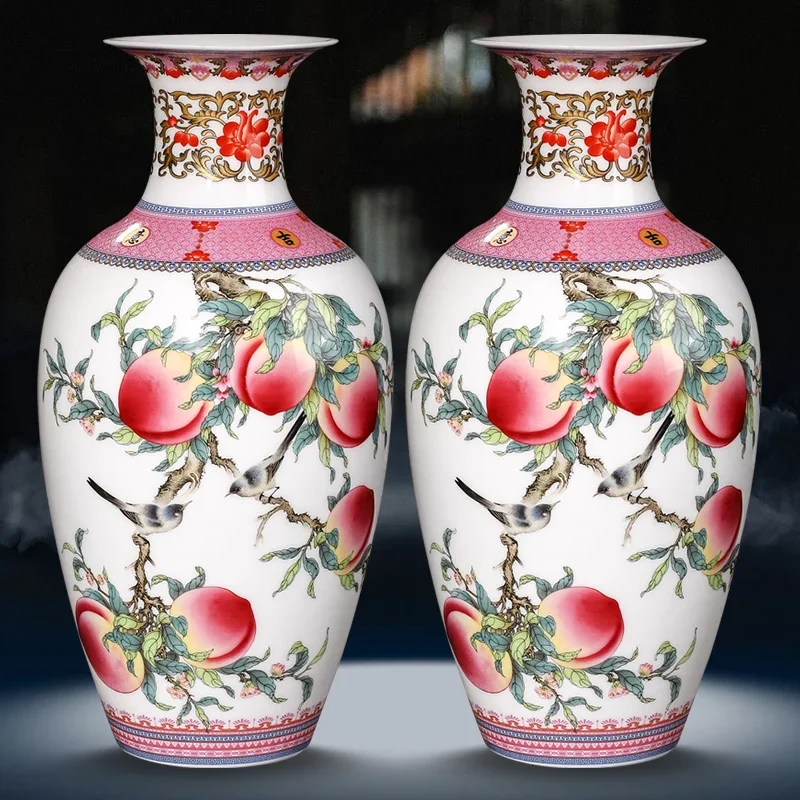 Jingdezhen Ceramics Famille Rose Peach Pattern Vase Ornaments Chinese Living Room Wine Cabinet Antique Vase Home Decoration