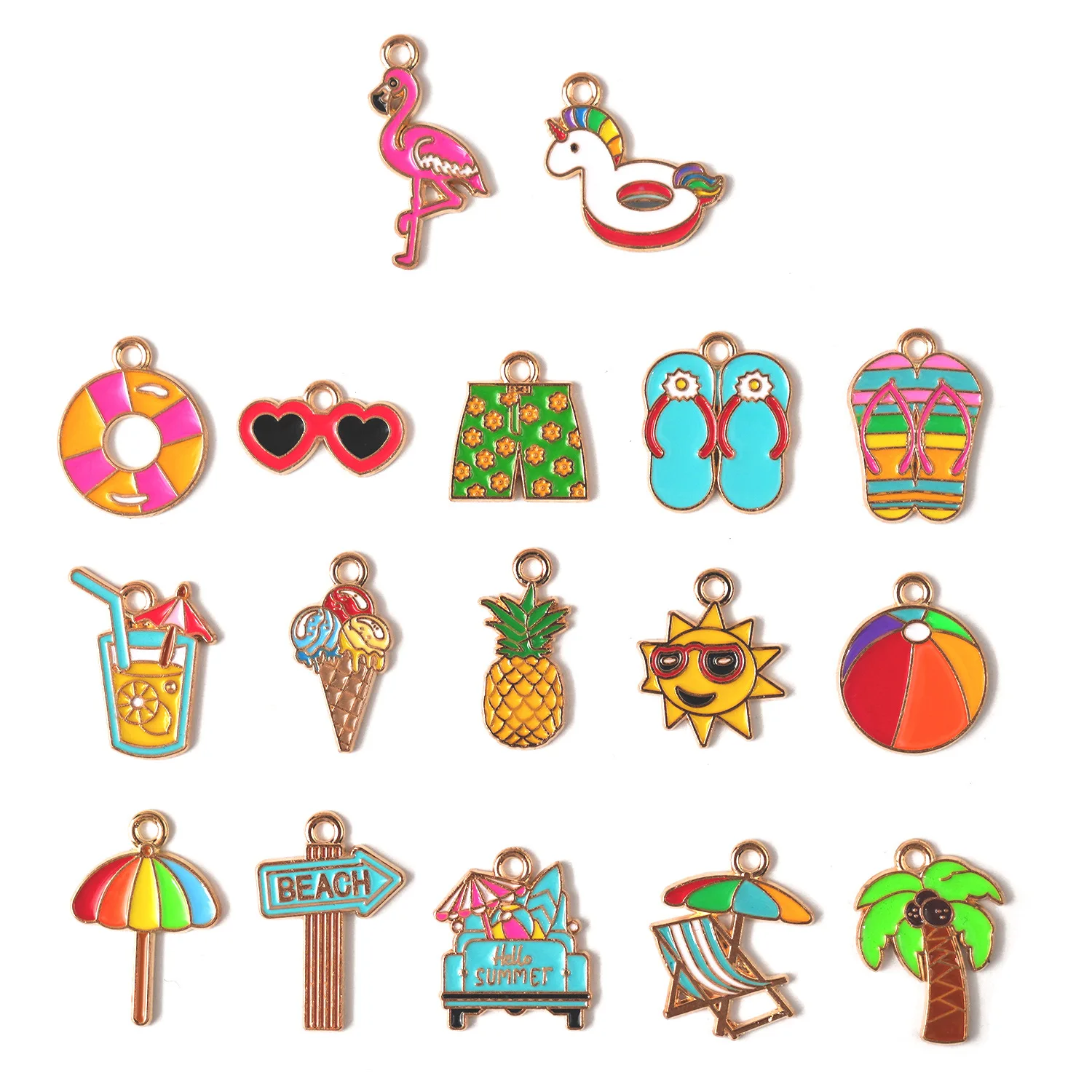 10pcs Vacation Beach Series Swimming Rings Flip-flops Ice Cream Pineapples Sun Flamingos DIY Charms for Jewelry Making