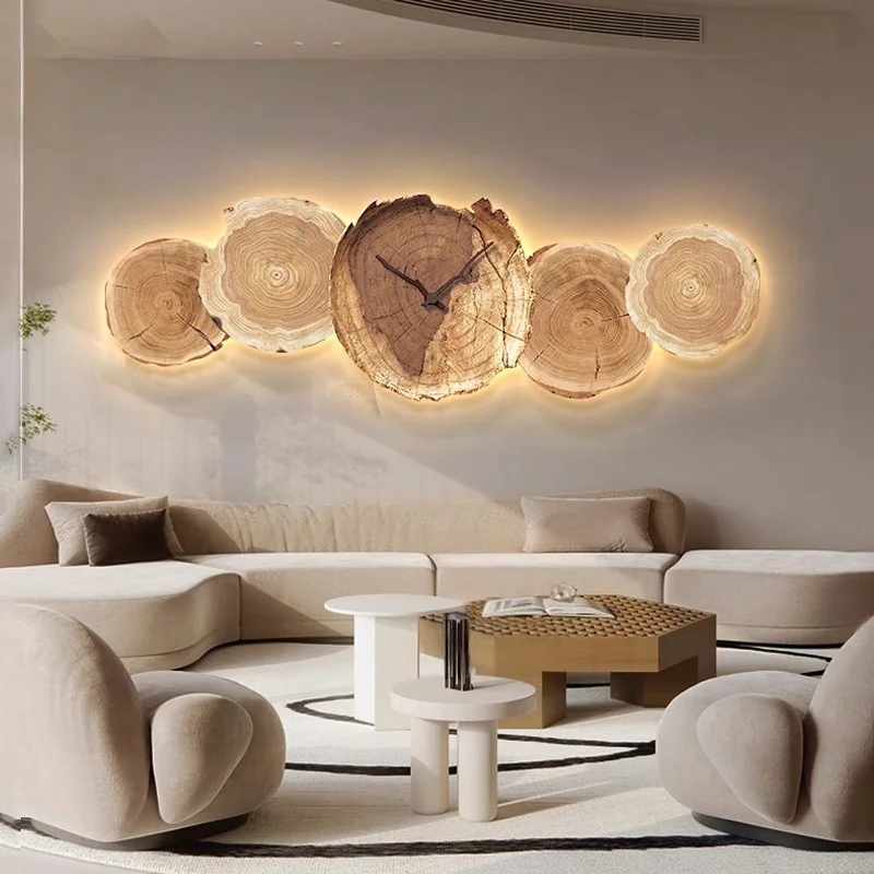 

Japanese style wooden style living room decoration painting annual ring hanging clock sofa background wall LED mural light