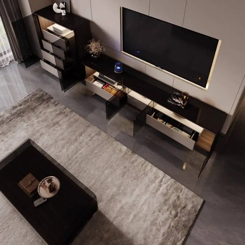 خزانة تلفزيون زجاجية إسكندنافية بتصميم تخزين أسود للشقق خزانة تلفزيون لغرفة المعيشة عرض فاخر أثاث منزلي من Fernsehr Schrank #4