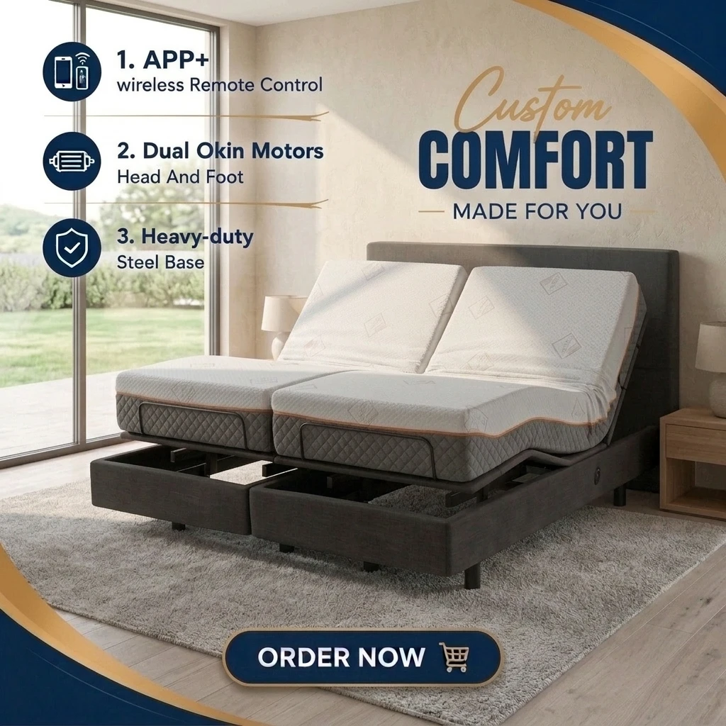 OEM ODM Customized Katil Elektrik 4 Okin Motors Night Lights Split King Size Electric Adjustable Bed With Mattress