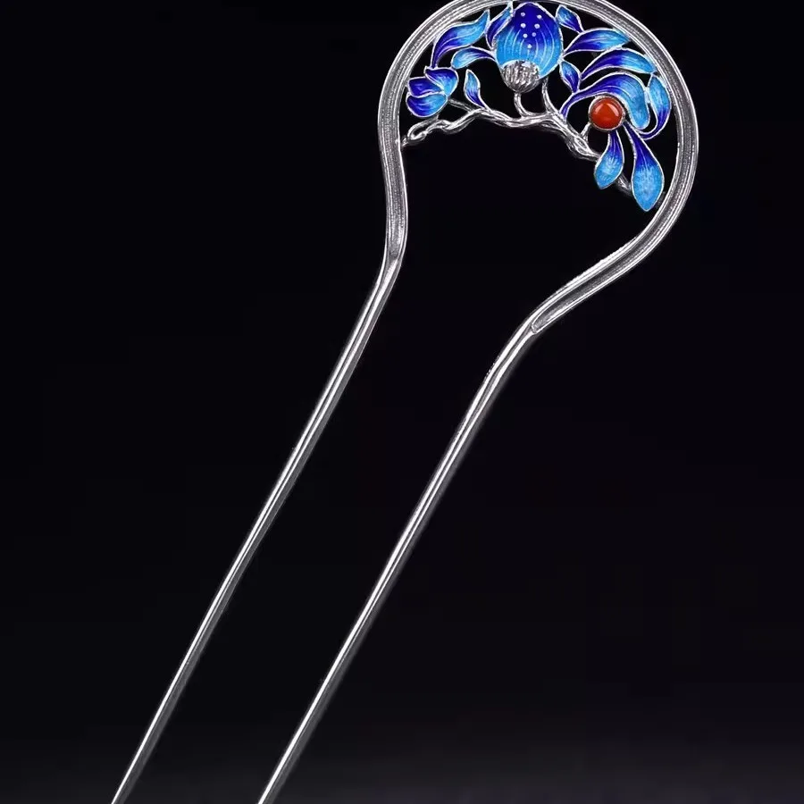 

New S Silver Plated Enamel Inlaid Craft Women's Fashion Ethnic Style Ancient Costume Hanfu Wholesale Hairpin