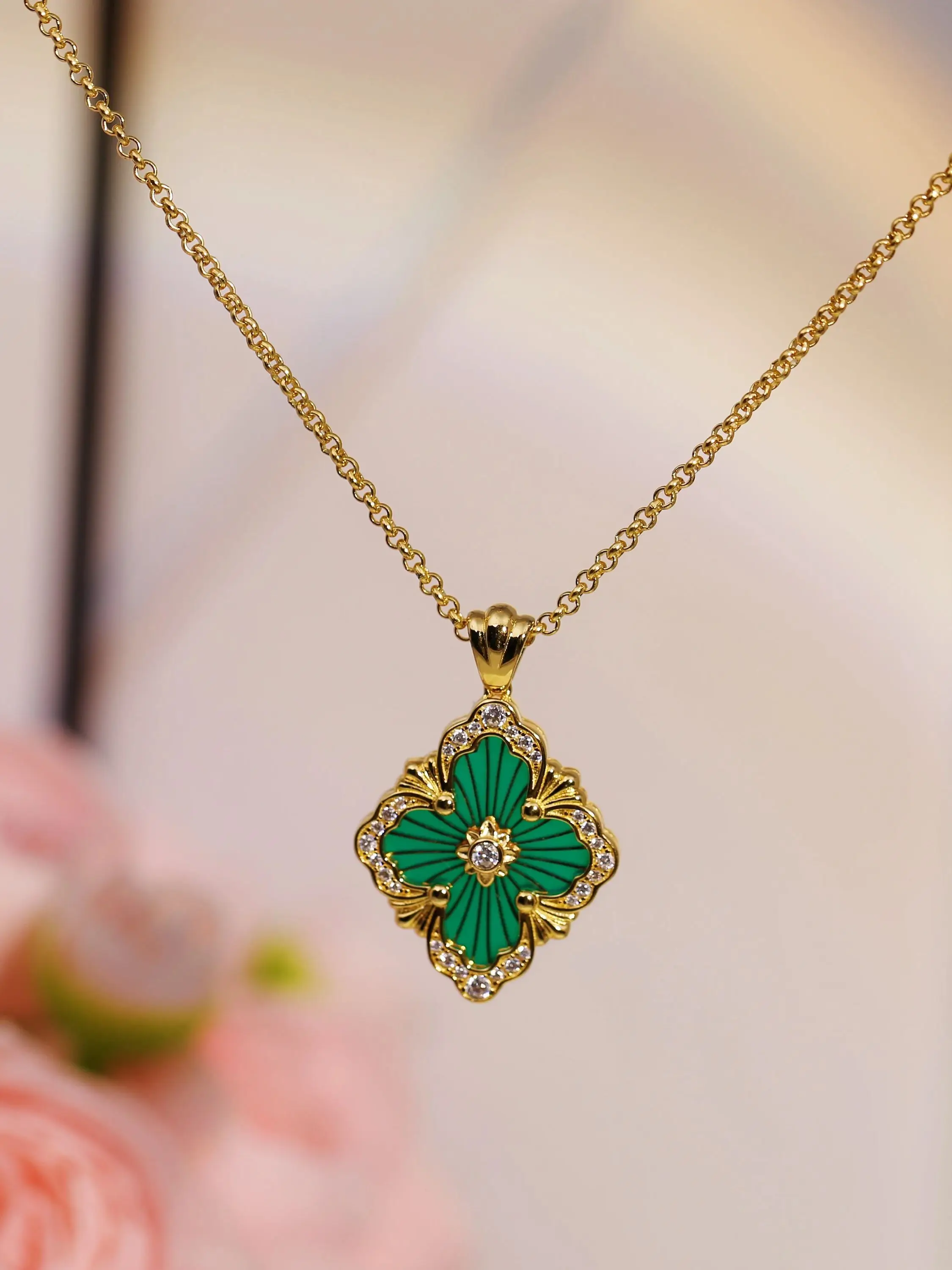 Encounter Timeless Elegance,Unveil Dazzling Charm,Silver-inlaid Gold plated blue/green Enamel Necklace-Rivals Fine Jewelry