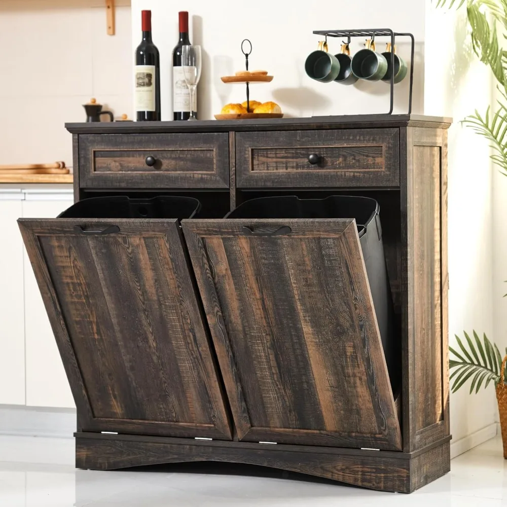 

Double Tilt Out Trash Cabinet with 2x13 Gallon Trash Can Storage, Freestanding Kitchen Trash Can Cabinet with Hideaway Drawers