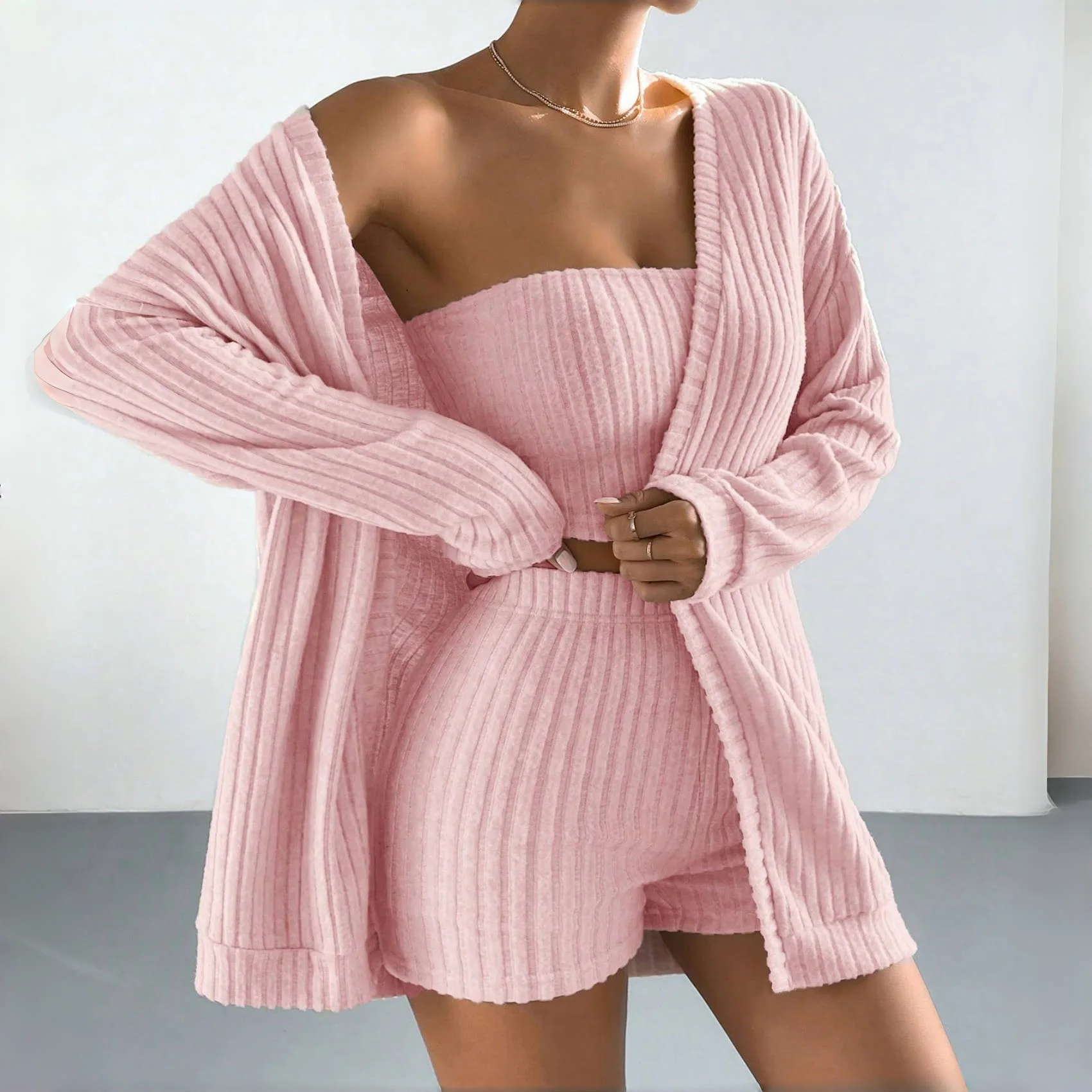 

Autumn and Winter Women's Pajama 3-Piece Set Sexy Soft Ribbed Brushed Long-Sleeve Jacket + Bralette + Shorts Fashion Homewear