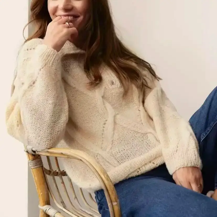 Ladies' small lapel, mohair, wool texture, solid color with buttons, hand woven, warm and soft pullover, autumn new style
