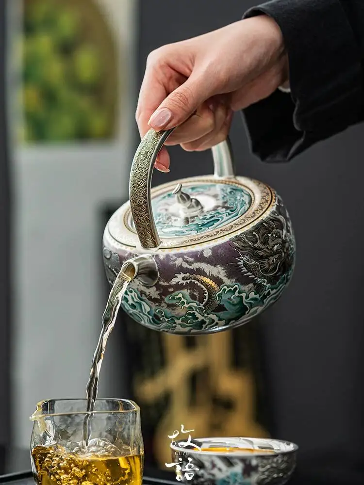 Hometown Pure Handmade 999 Gilt Silver Tea Set Handle Pot High-End Ink Dragon Warm Large Teapot Gift