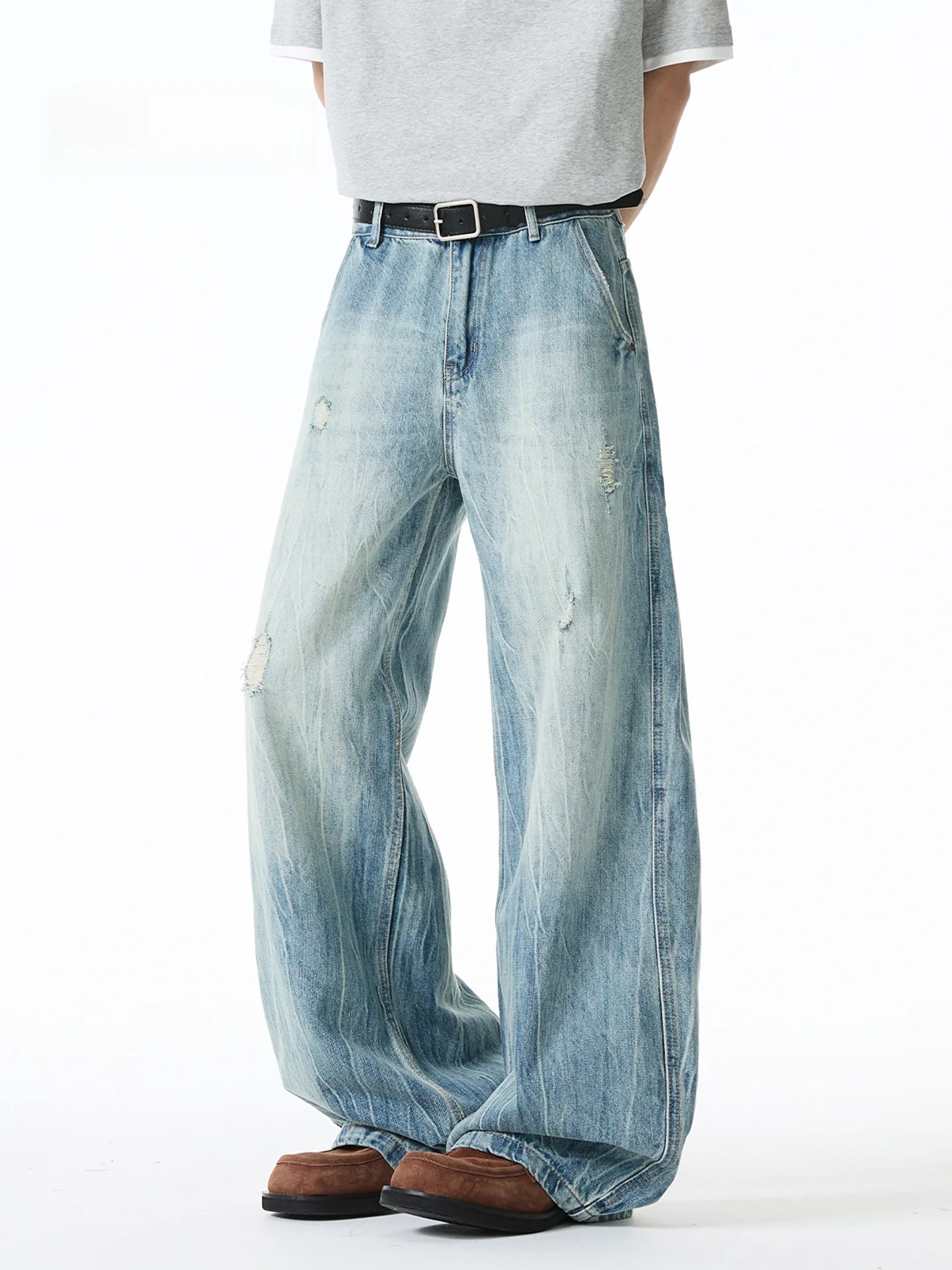 

MMOPTOP American Style Straight Leg Men's Jeans Spring Summer New Loose Washed Vintage Floor-Length Pants Cotton Blend